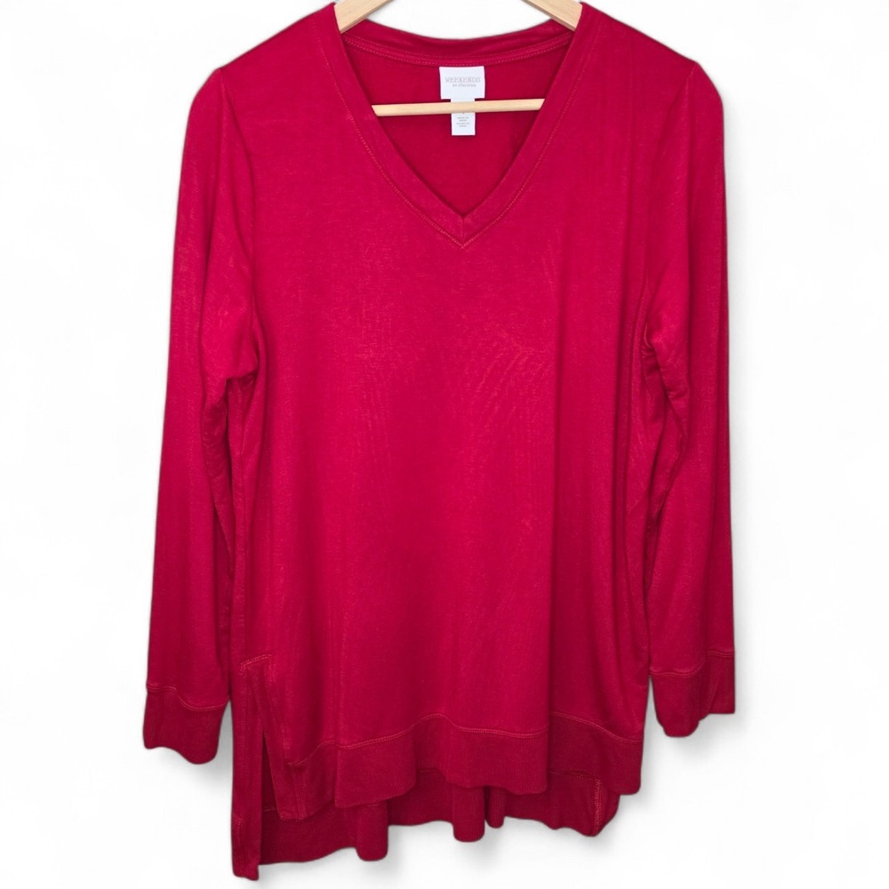 Chicos Weekends Top Womens 1 US Medium Red V Neck Long Sleeve Knit Tunic Casual